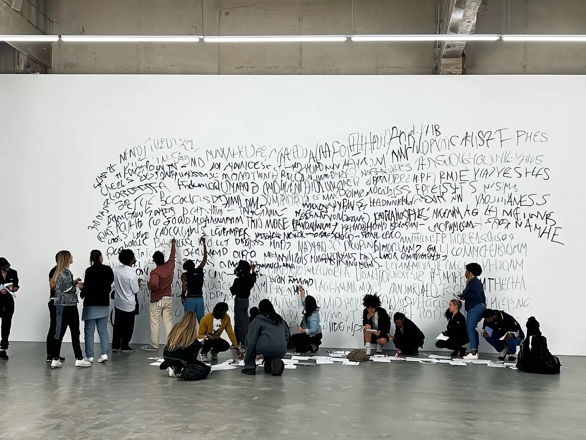 Many people writing at the same time on a large wall covered in collective text