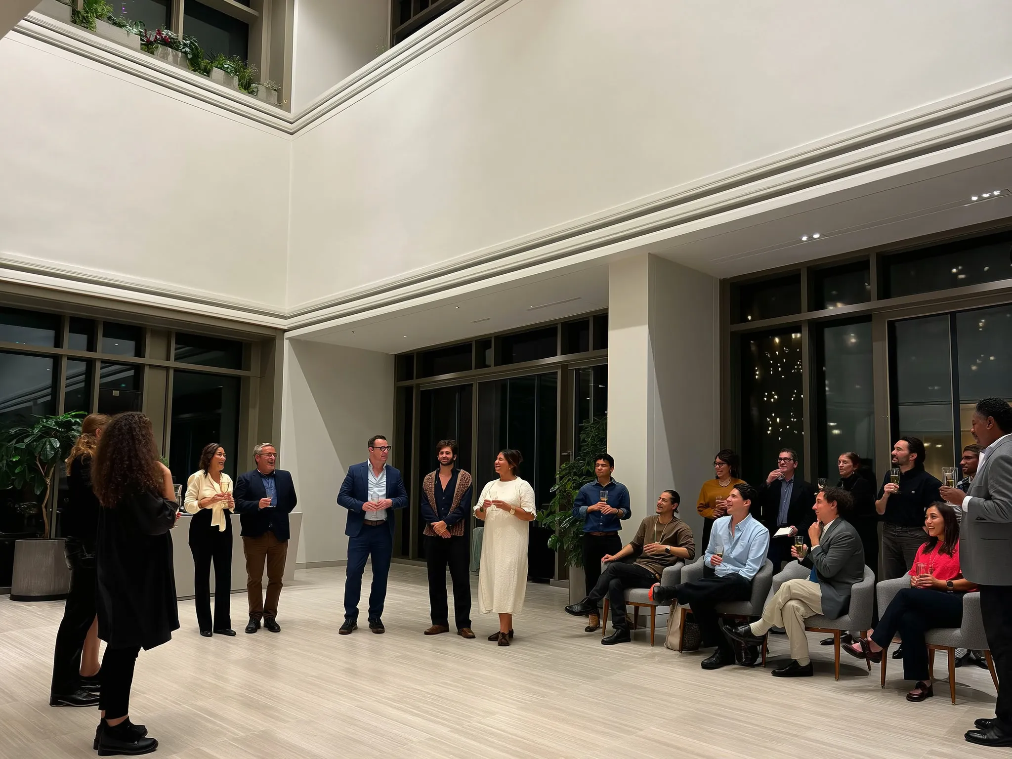 A poet reading aloud to a small group of guests in a modern hotel lobby