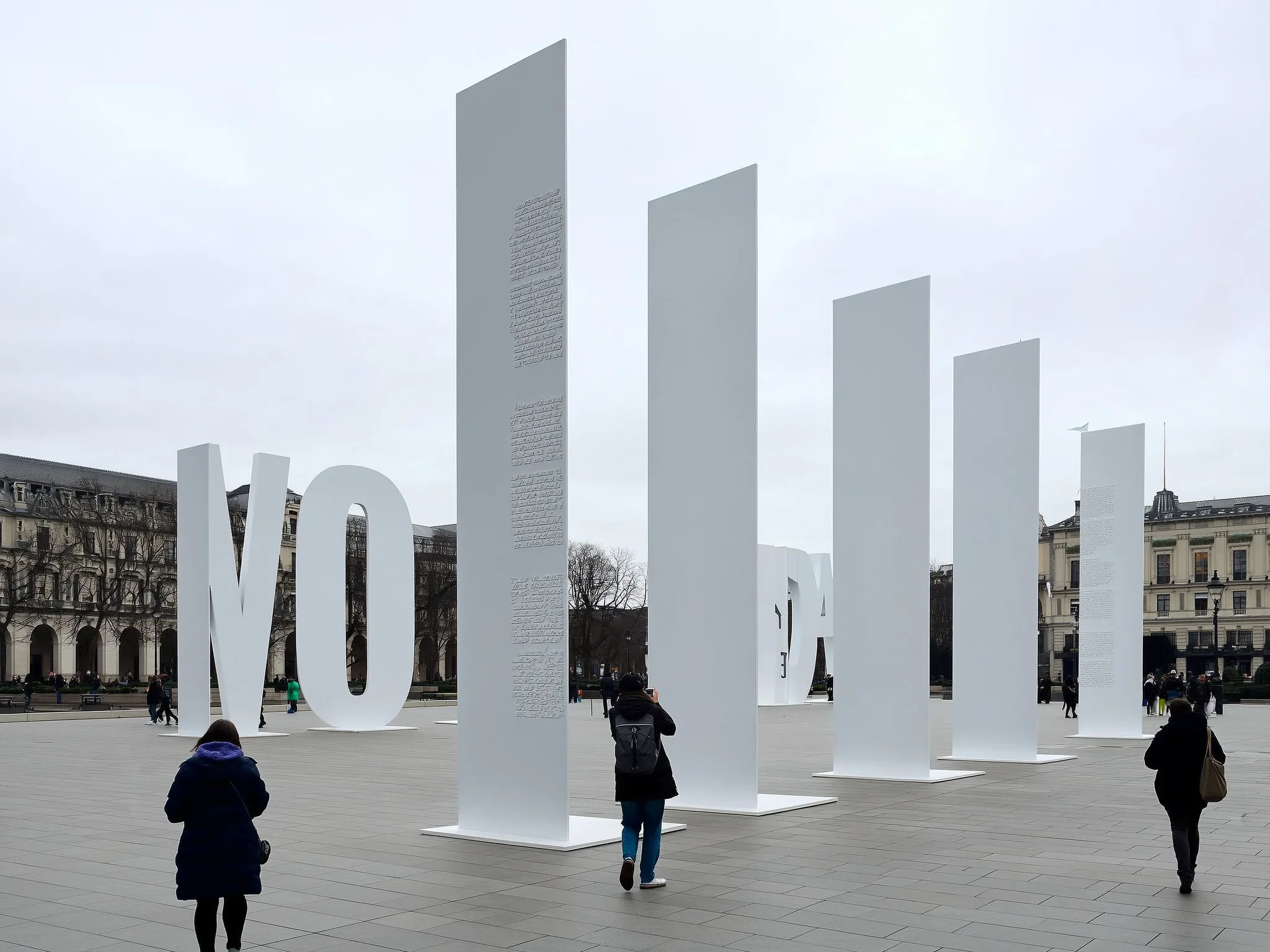 People walking between large text installations in a public square