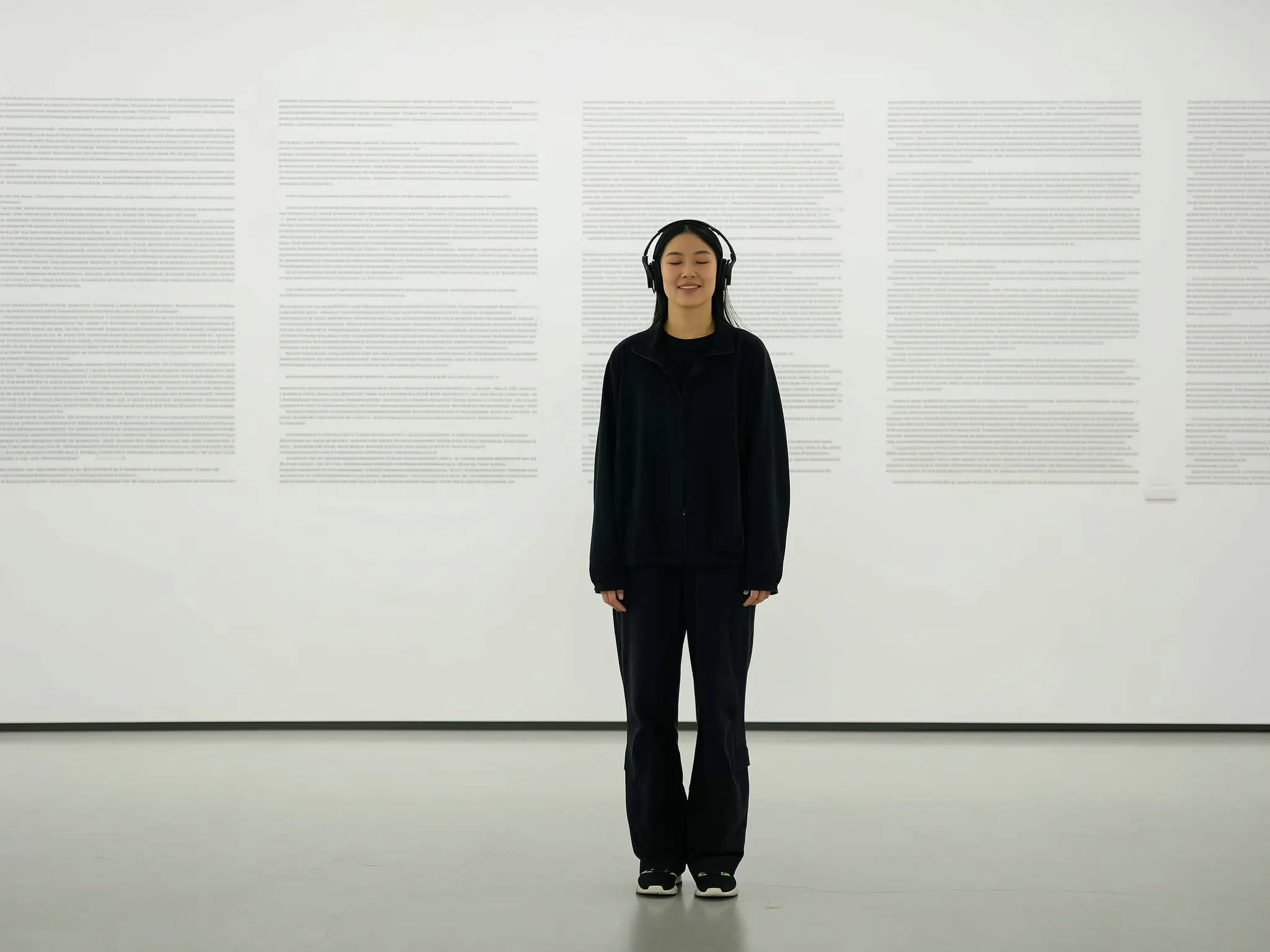 A visitor with headphones listening to a poem in a white gallery space