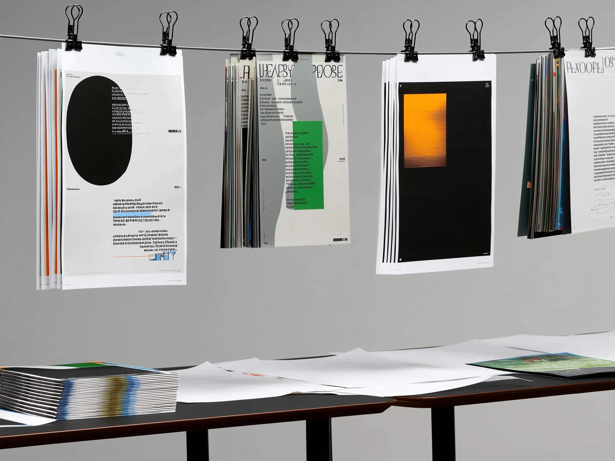 Poetry posters and thin publications hanging from clips in a design studio